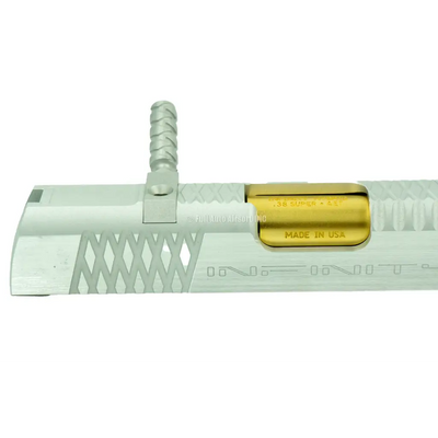 Gunsmith Bros CNC Aluminum IMM Curve Top Rhombus Open Slide Kit Silver and Gold Design Hi-Capa Charging Handle