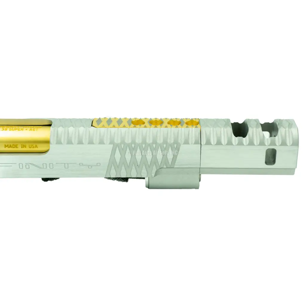 Gunsmith Bros CNC Aluminum IMM Curve Top Rhombus Open Slide Kit Silver and Gold Design Hi-Capa Compensator