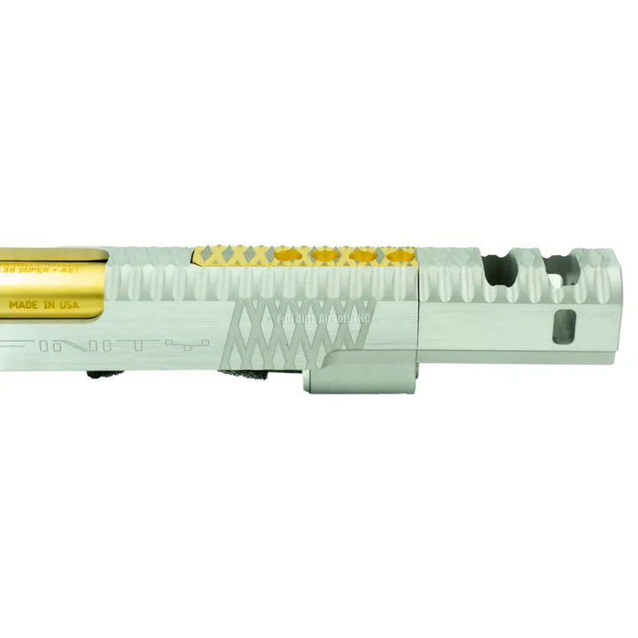 Gunsmith Bros CNC Aluminum IMM Curve Top Rhombus Open Slide Kit Silver and Gold Design Hi-Capa Compensator