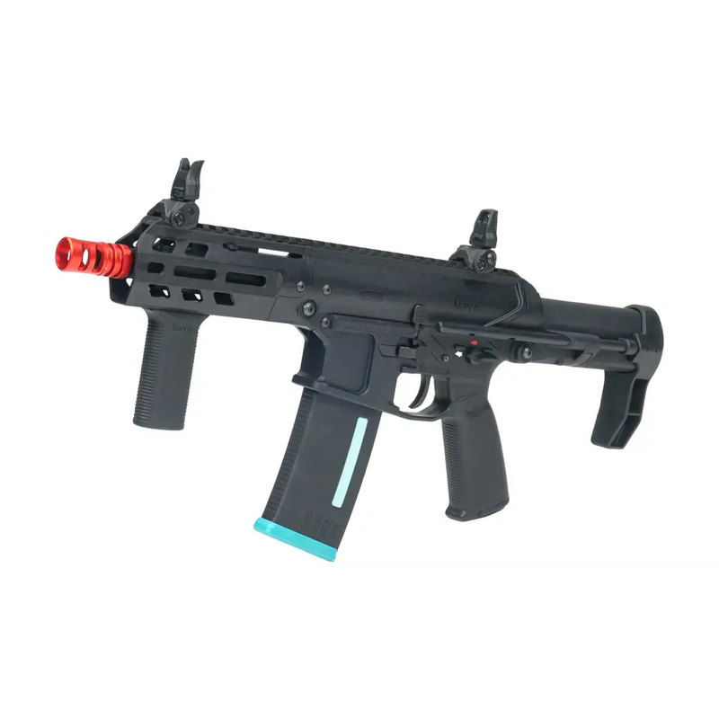 KWA Original EVE-4 Airsoft AEG Rifle Adjustable FPS PTS Stock VM4 Gearbox Black with Blue Magazine Angled